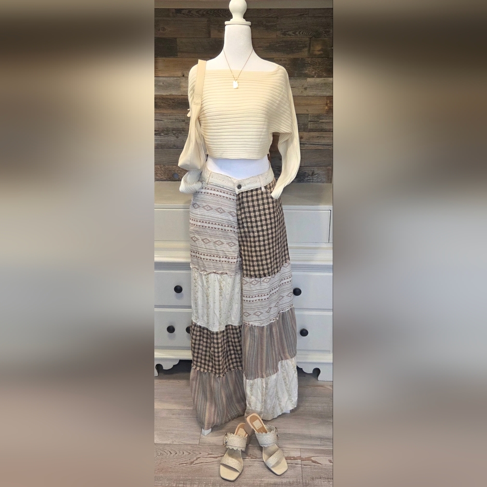 POL Brown & Cream Oakley Boho Patchwork Wide Leg Pants - Picture 8 of 9